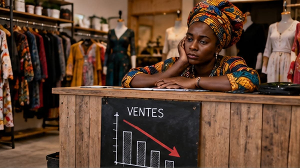 Commerçante pensive derrière son comptoir, un tableau de ventes en baisse devant elle