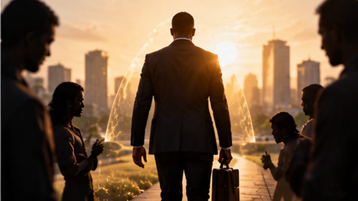 Homme d'affaires avançant sous un dôme de lumière, entouré de silhouettes