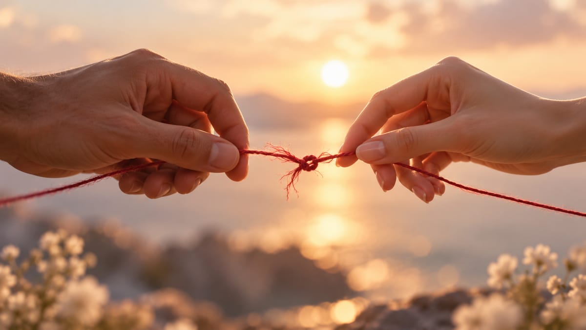 Deux mains renouant un fil rouge au coucher du soleil